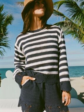 NWT Roller Rabbit Crochet Callista Navy and White Striped Beach Top